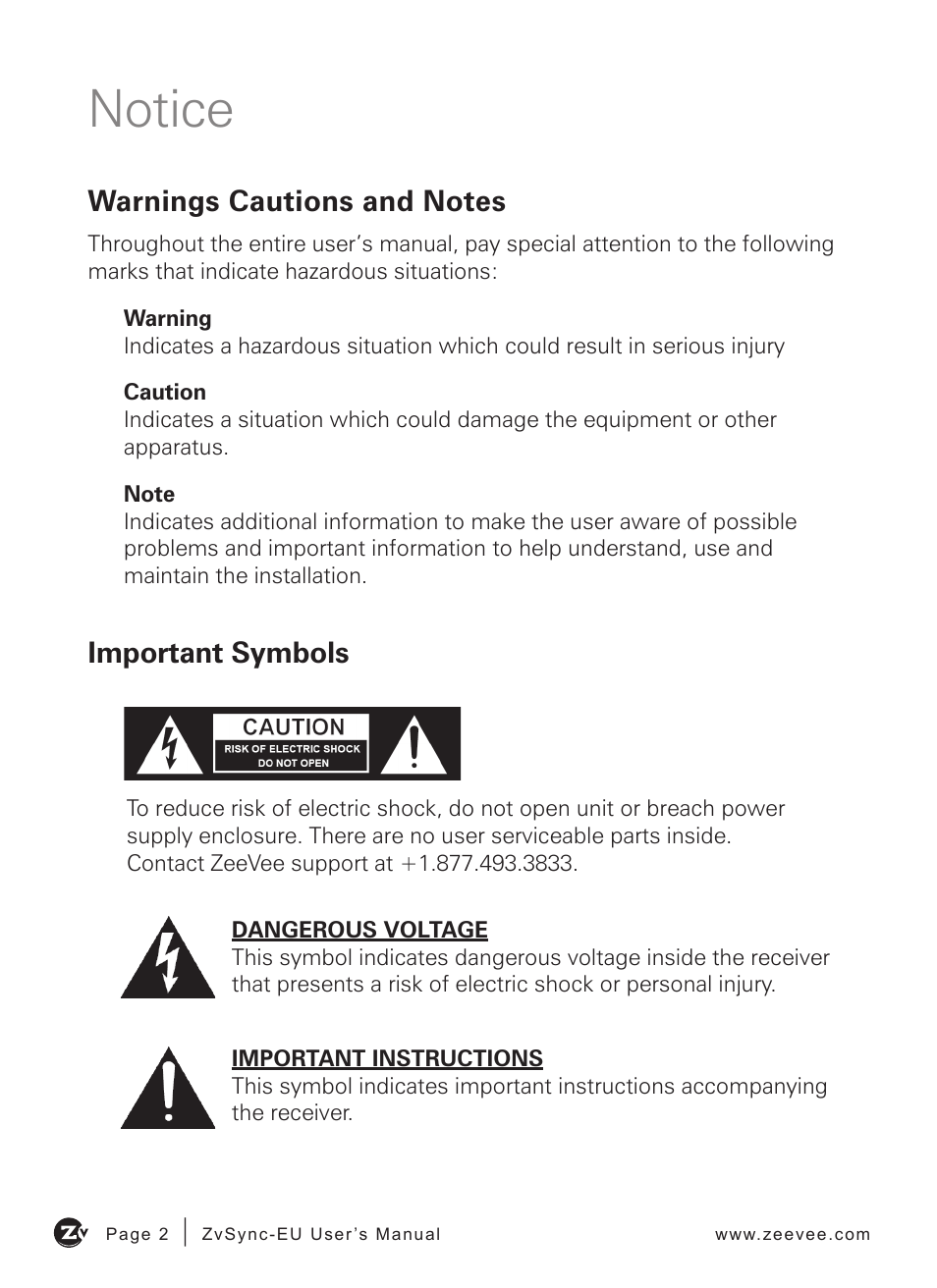 Notice, Important symbols | ZeeVee ZvSync (DVB-T/C) User Manual | Page 2 / 36