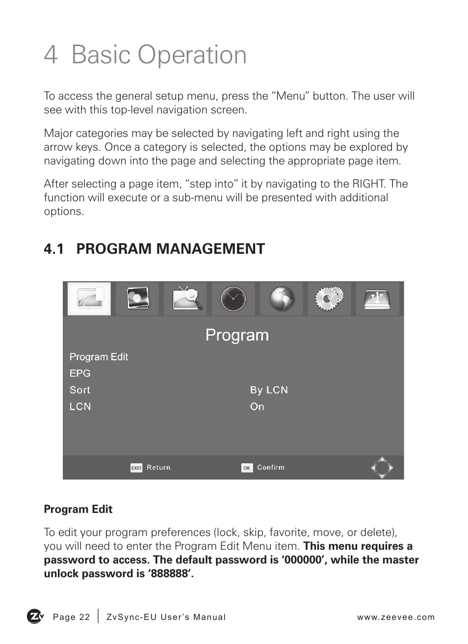 4 basic operation, 1 program management | ZeeVee ZvSync (DVB-T/C) User Manual | Page 22 / 36
