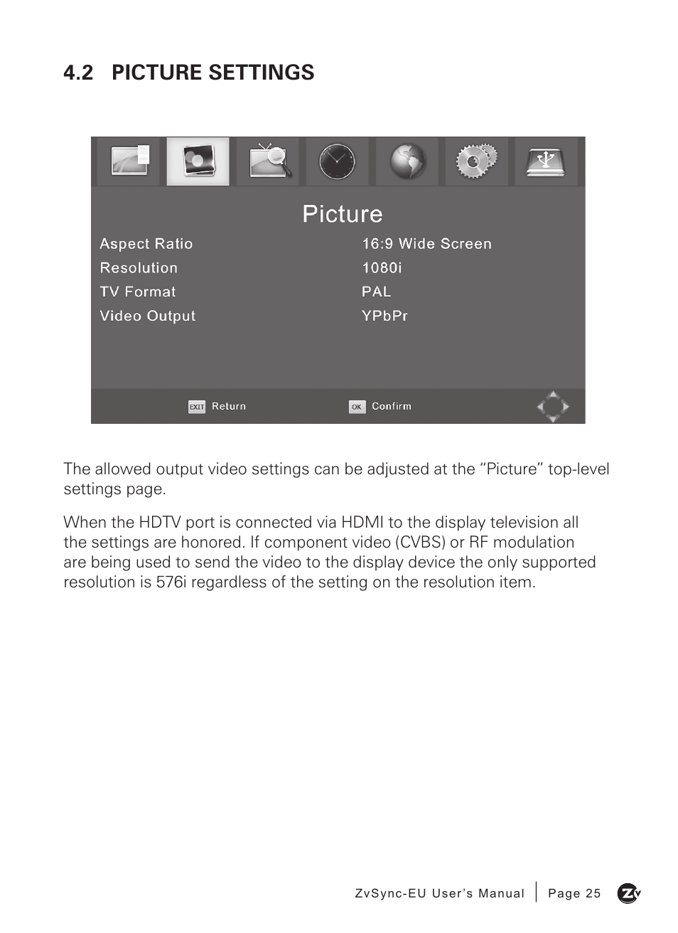 2 picture settings | ZeeVee ZvSync (DVB-T/C) User Manual | Page 25 / 36