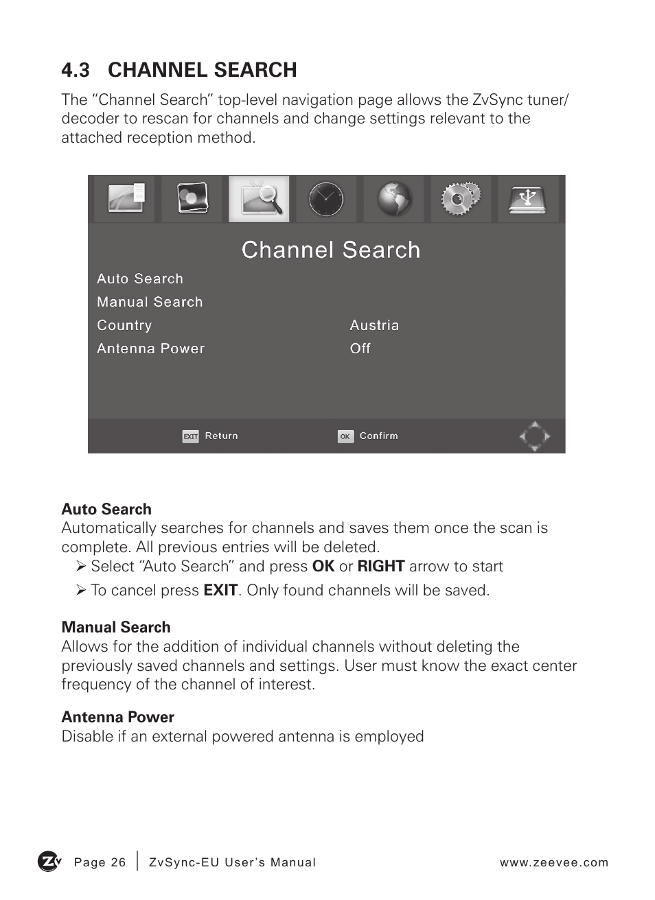 3 channel search | ZeeVee ZvSync (DVB-T/C) User Manual | Page 26 / 36