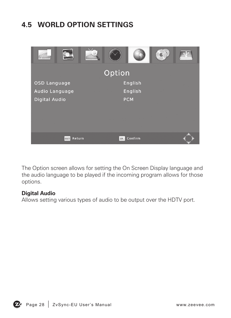 5 world option settings | ZeeVee ZvSync (DVB-T/C) User Manual | Page 28 / 36