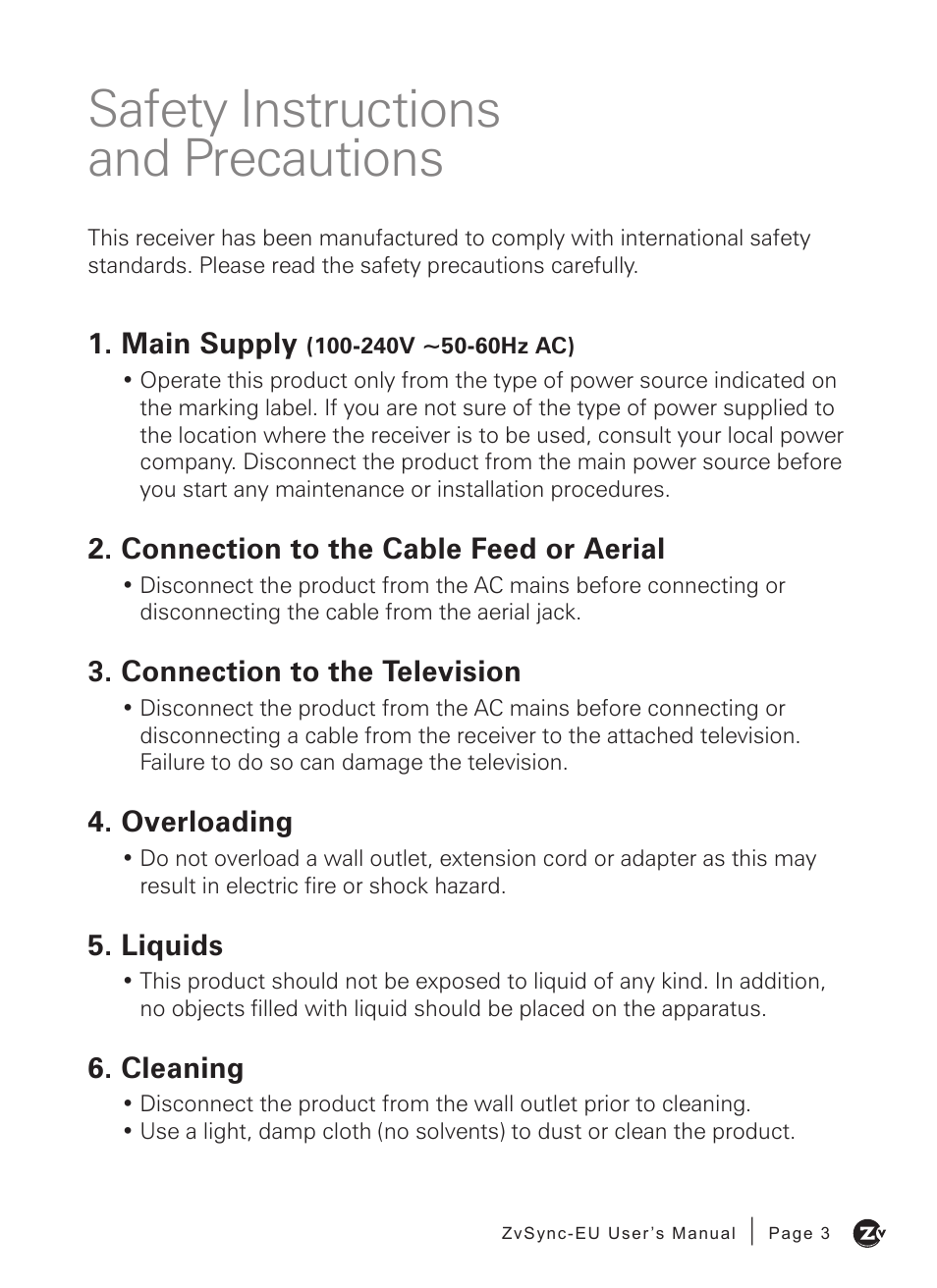 Safety instructions and precautions | ZeeVee ZvSync (DVB-T/C) User Manual | Page 3 / 36