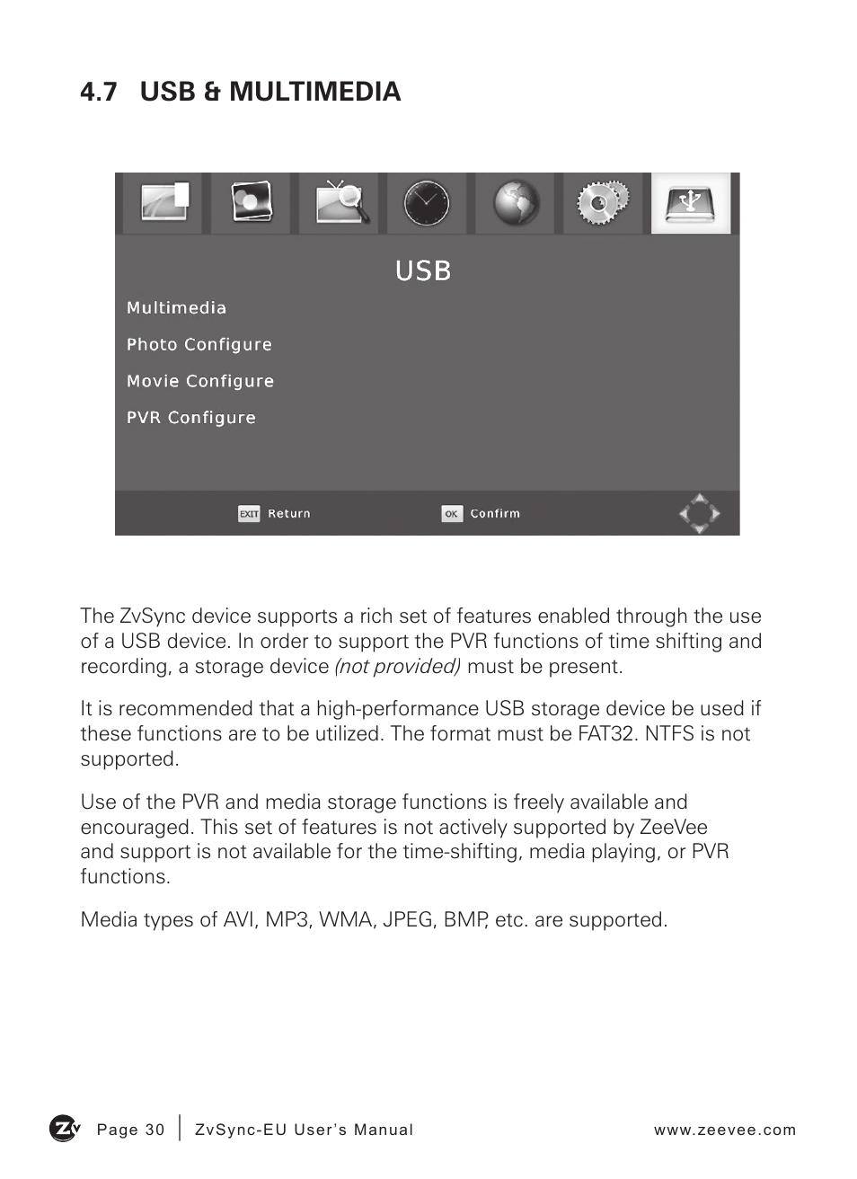 7 usb & multimedia | ZeeVee ZvSync (DVB-T/C) User Manual | Page 30 / 36