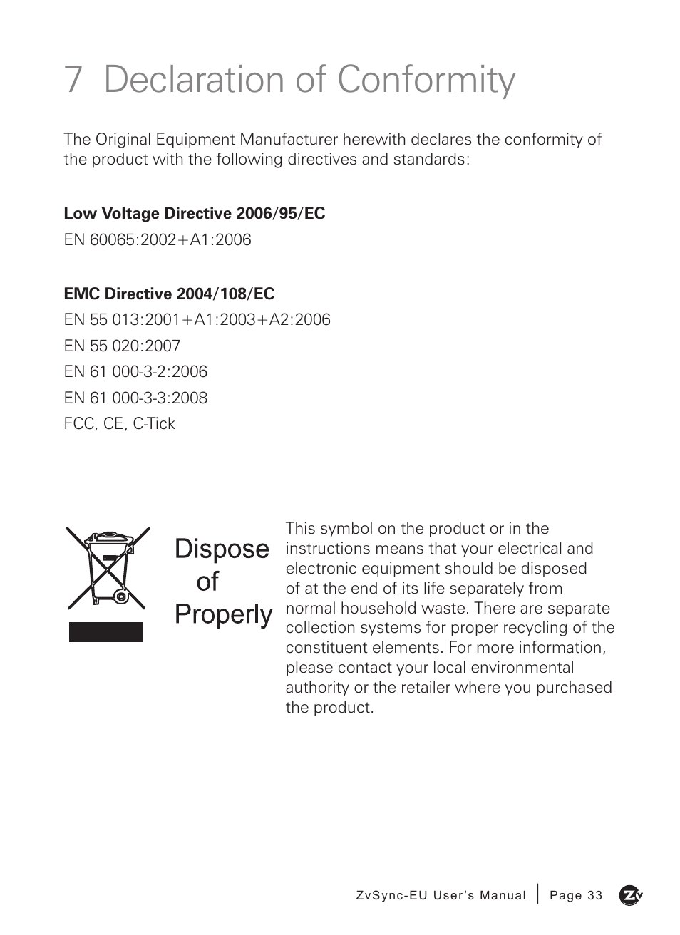 7 declaration of conformity | ZeeVee ZvSync (DVB-T/C) User Manual | Page 33 / 36