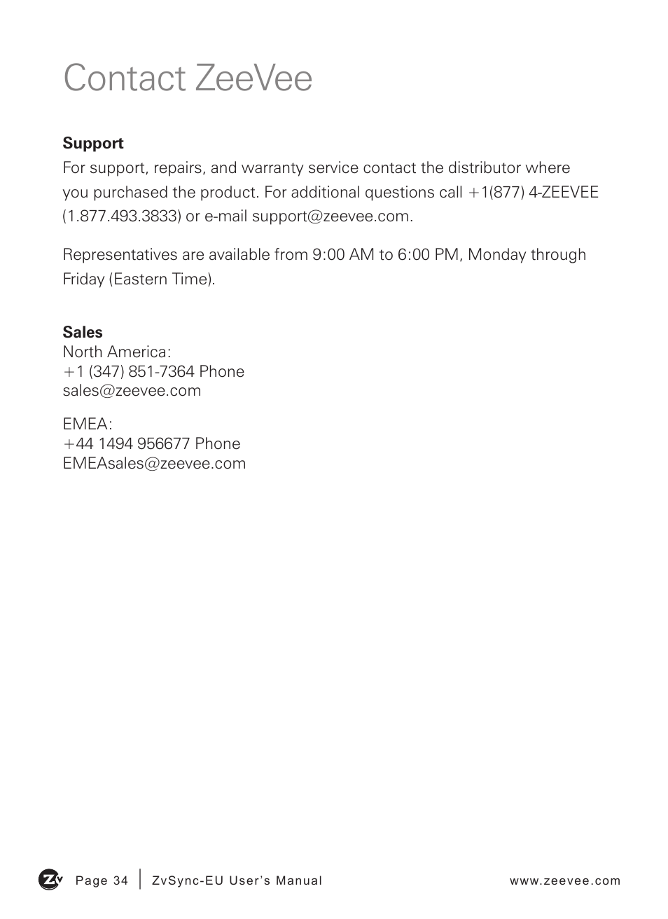 Contact zeevee | ZeeVee ZvSync (DVB-T/C) User Manual | Page 34 / 36