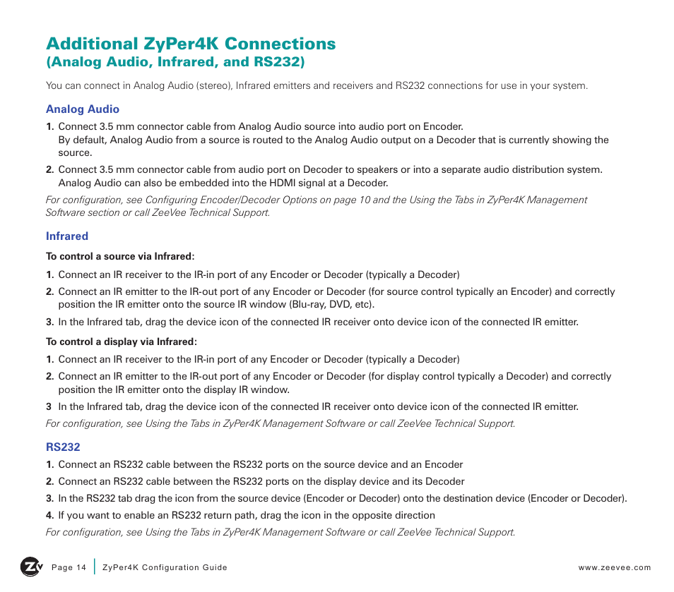 Additional zyper4k connections, Analog audio, infrared, and rs232) | ZeeVee ZyPer4K (10G-IP) User Manual | Page 14 / 16