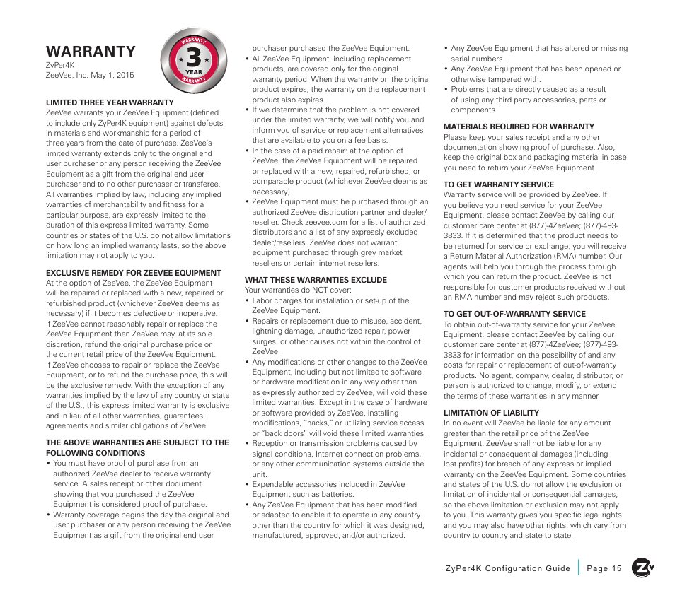 Warranty | ZeeVee ZyPer4K (10G-IP) User Manual | Page 15 / 16