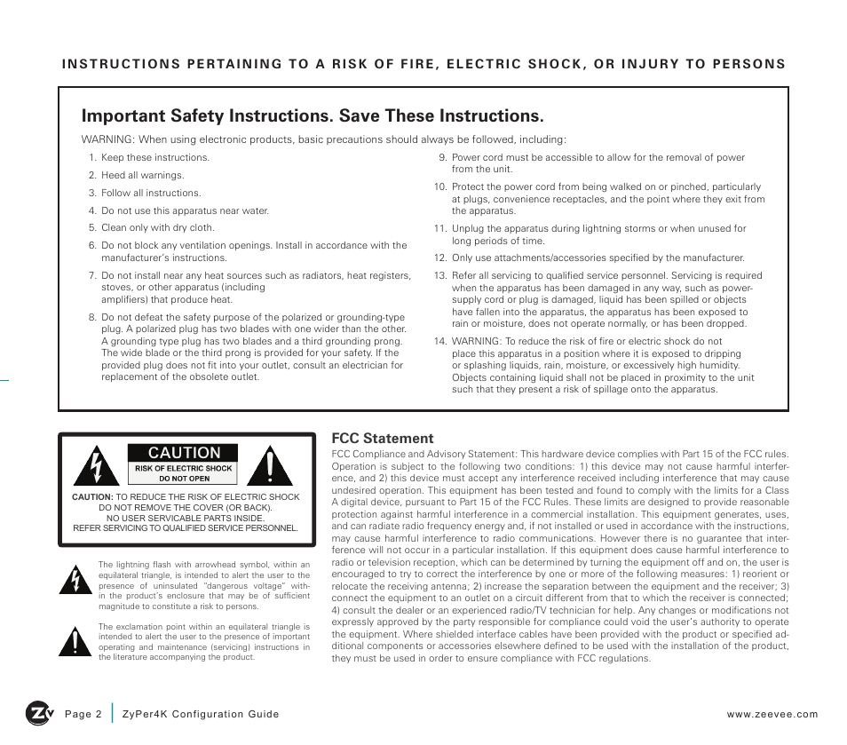 Fcc statement | ZeeVee ZyPer4K (10G-IP) User Manual | Page 2 / 16