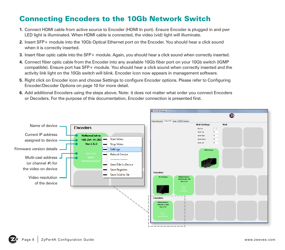 Connecting encoders to the 10gb network switch | ZeeVee ZyPer4K (10G-IP) User Manual | Page 8 / 16