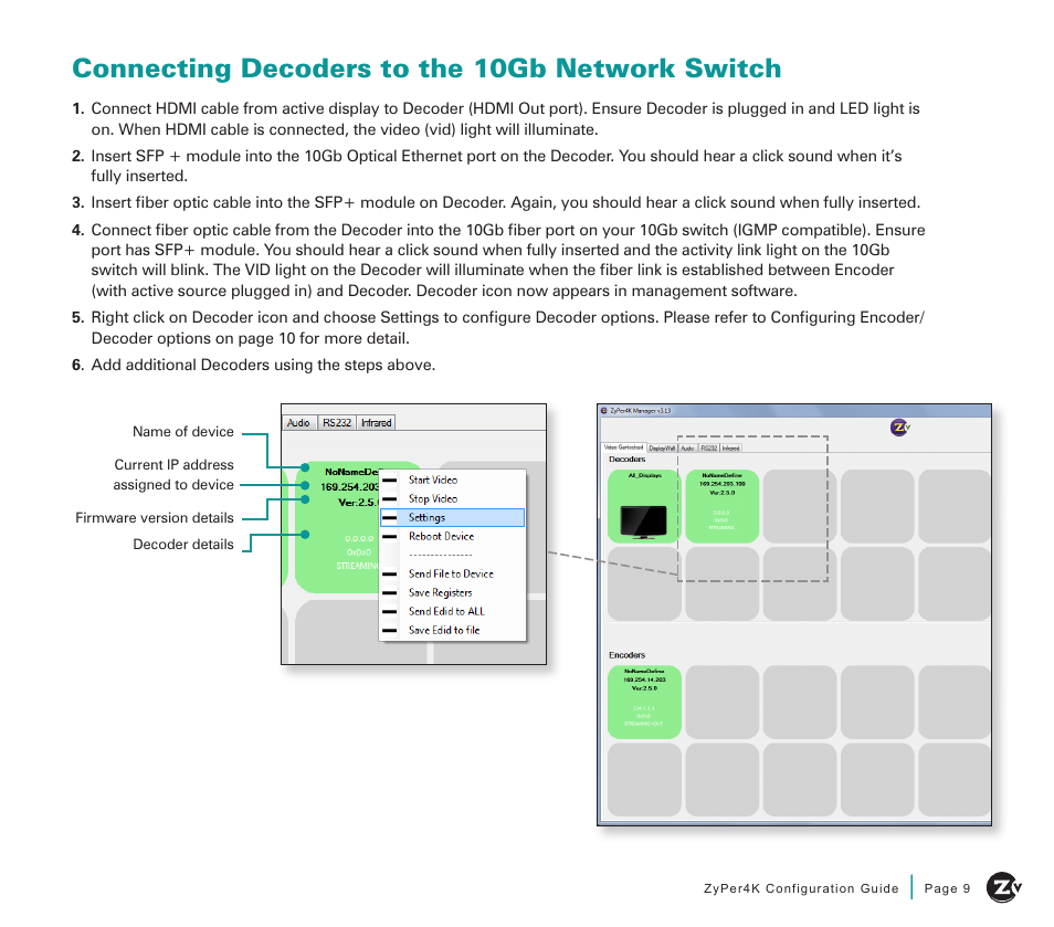 Connecting decoders to the 10gb network switch | ZeeVee ZyPer4K (10G-IP) User Manual | Page 9 / 16