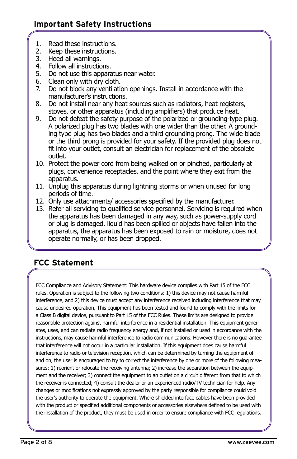 Important safety instructions fcc statement | ZeeVee HDbridge Module User Manual | Page 2 / 8