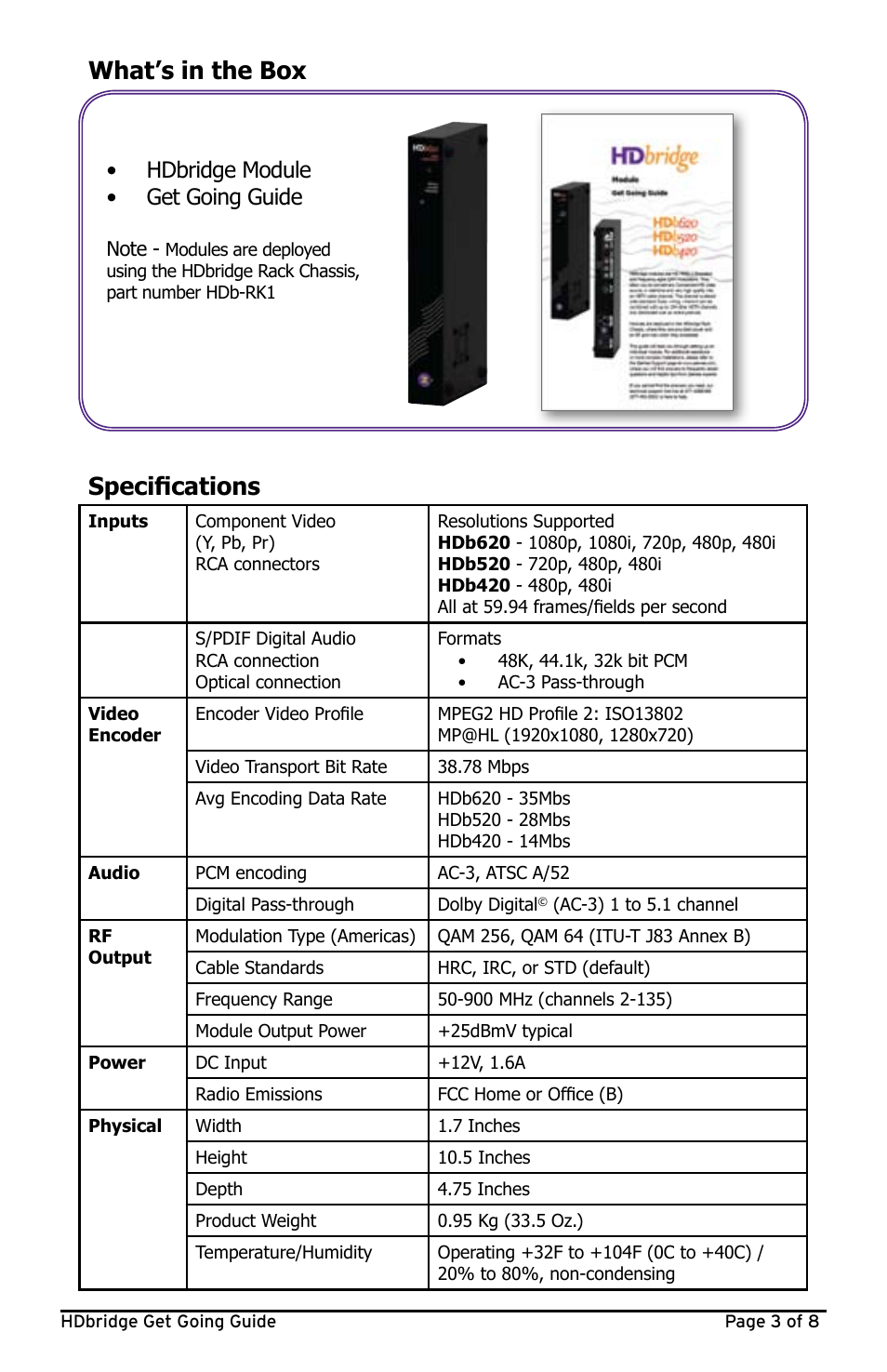 What’s in the box, Specifications, Hdbridge module • get going guide | ZeeVee HDbridge Module User Manual | Page 3 / 8