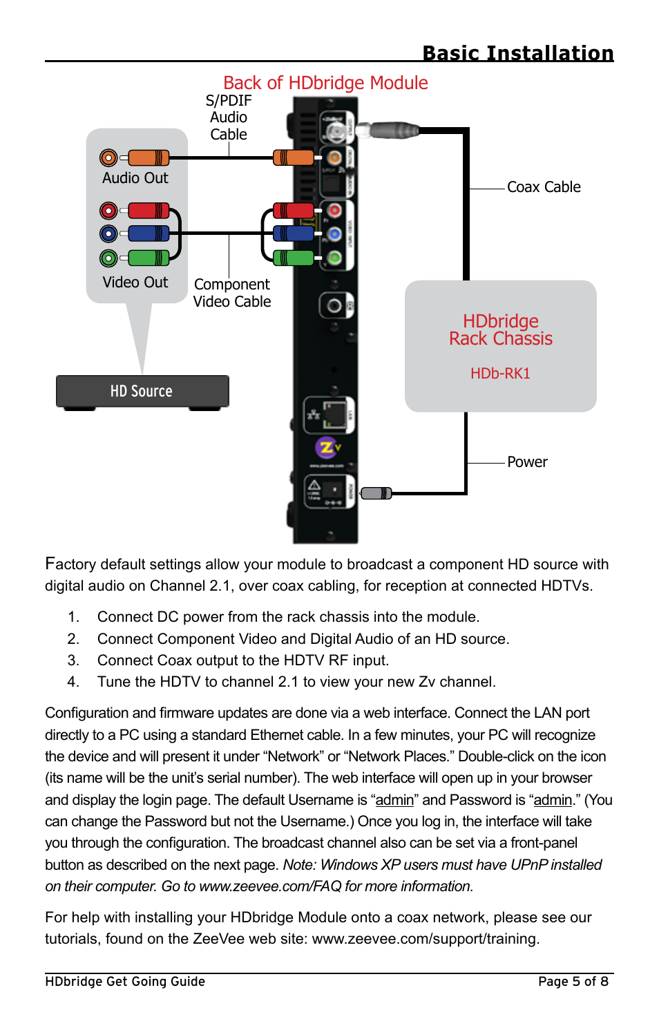 Basic installation, Back of hdbridge module, Hdbridge rack chassis | ZeeVee HDbridge Module User Manual | Page 5 / 8