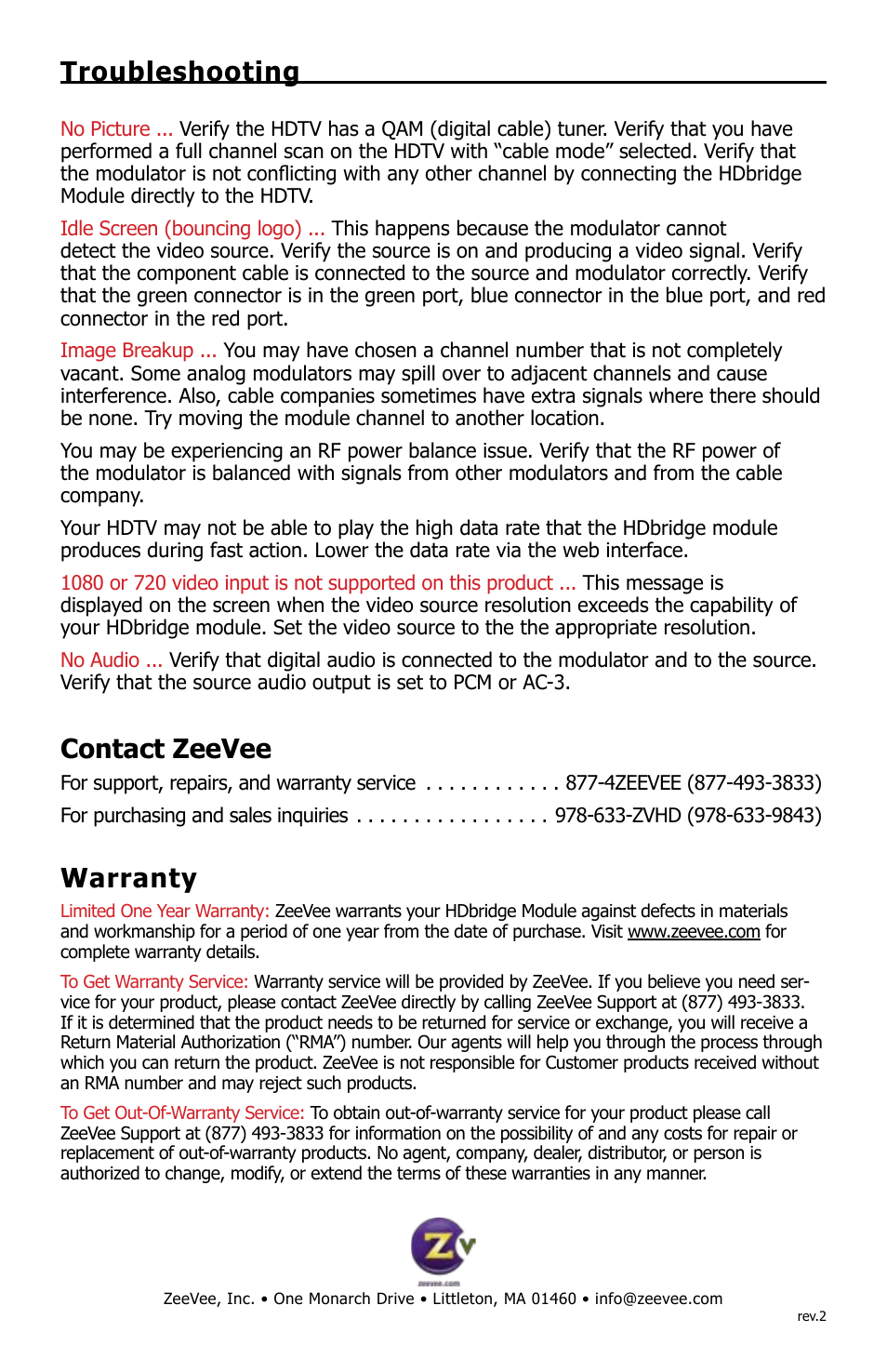 Troubleshooting, Contact zeevee, Warranty | ZeeVee HDbridge Module User Manual | Page 8 / 8
