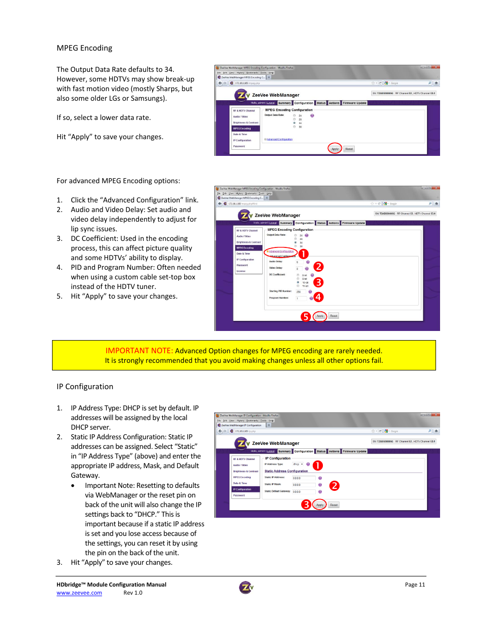 Ip configuration | ZeeVee HDbridge Advanced User Manual | Page 11 / 15