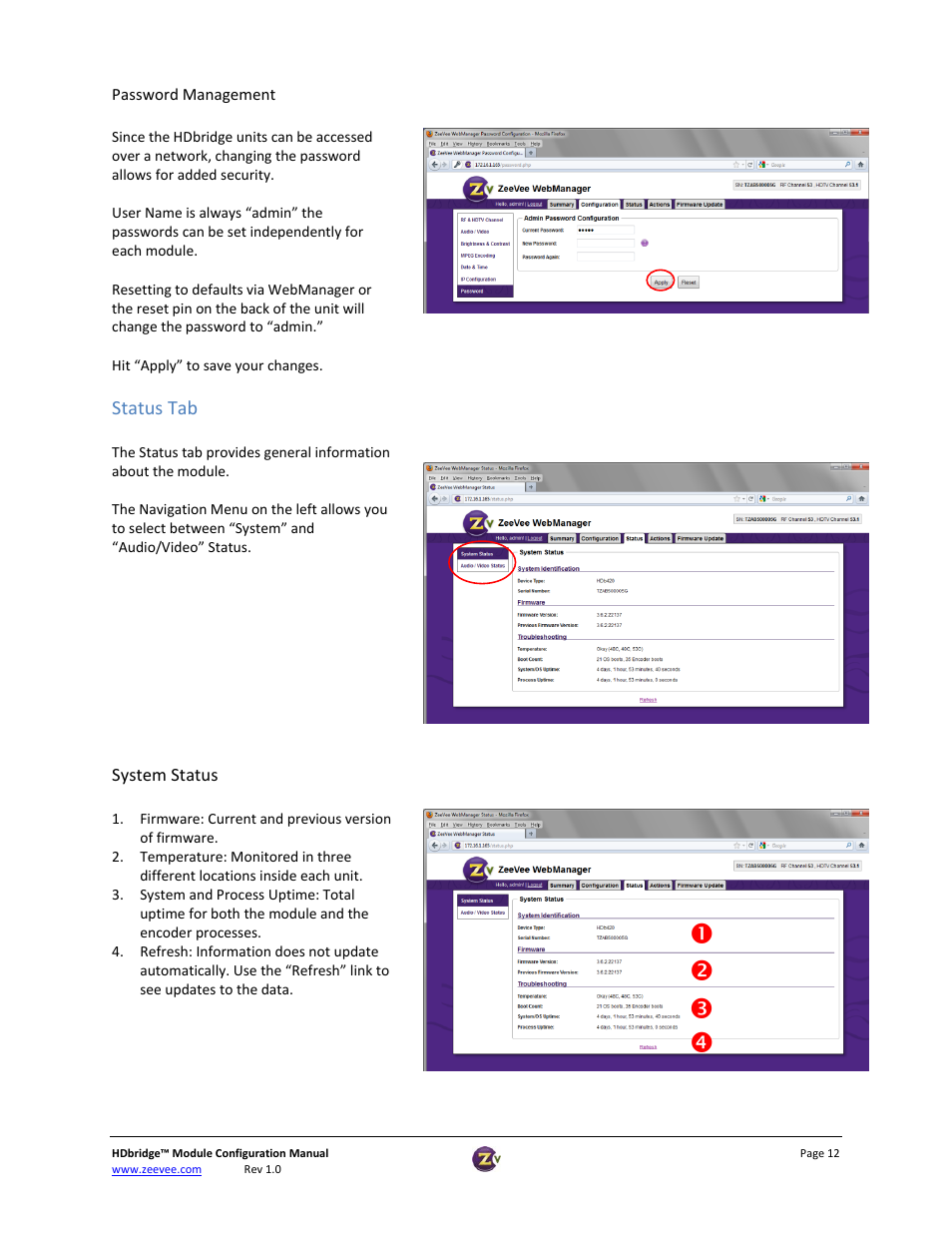 Password management, Status tab, System status | ZeeVee HDbridge Advanced User Manual | Page 12 / 15