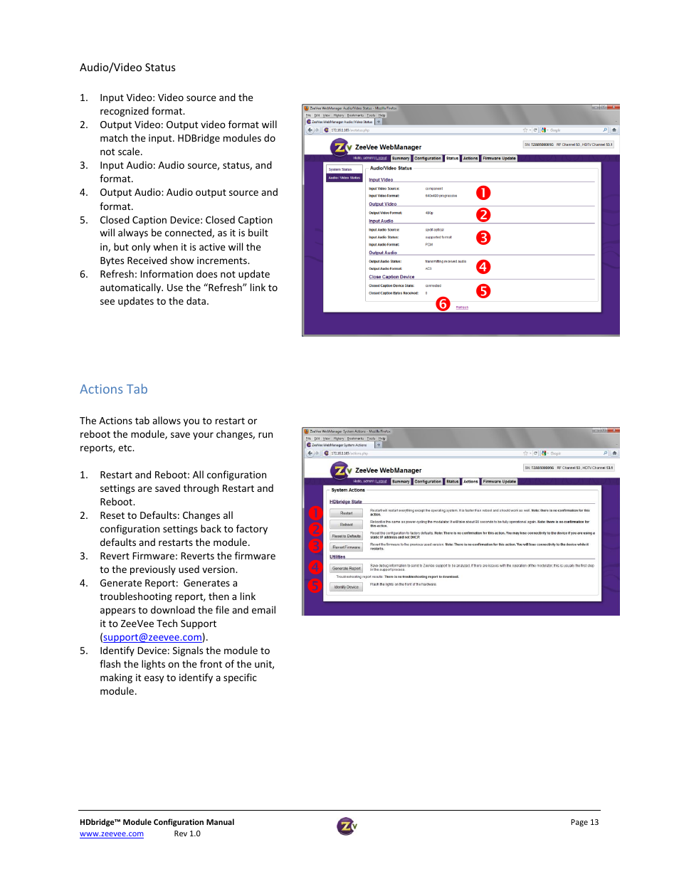 Audio/video status, Actions tab, Firmware update tab | ZeeVee HDbridge Advanced User Manual | Page 13 / 15