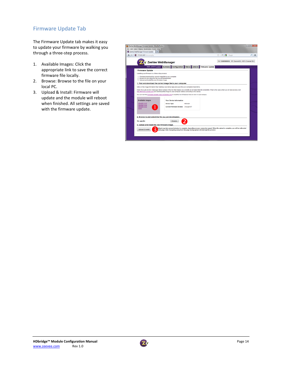 Firmware update tab | ZeeVee HDbridge Advanced User Manual | Page 14 / 15