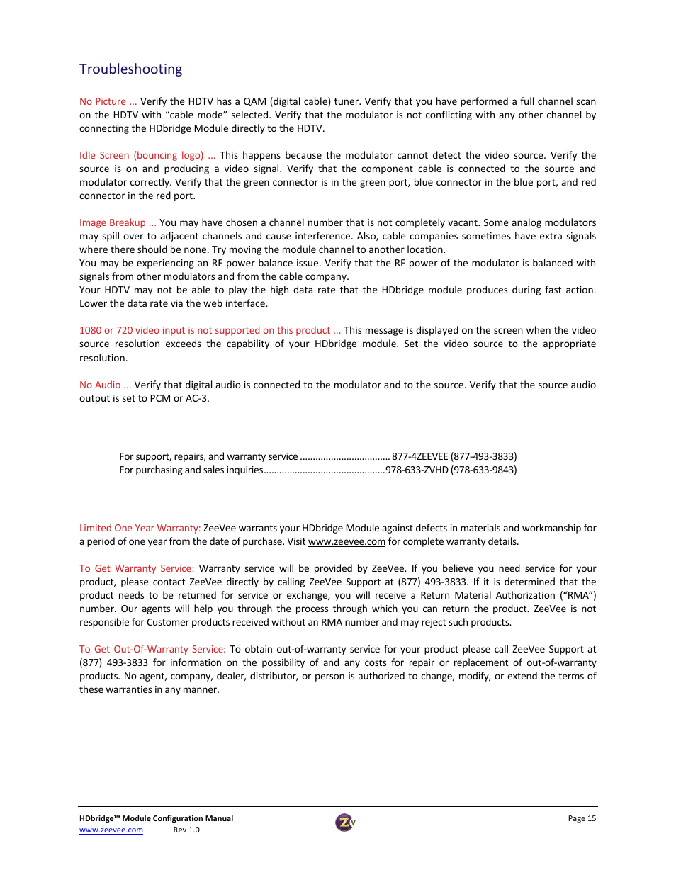 Troubleshooting, Contact zeevee, Warranty | ZeeVee HDbridge Advanced User Manual | Page 15 / 15
