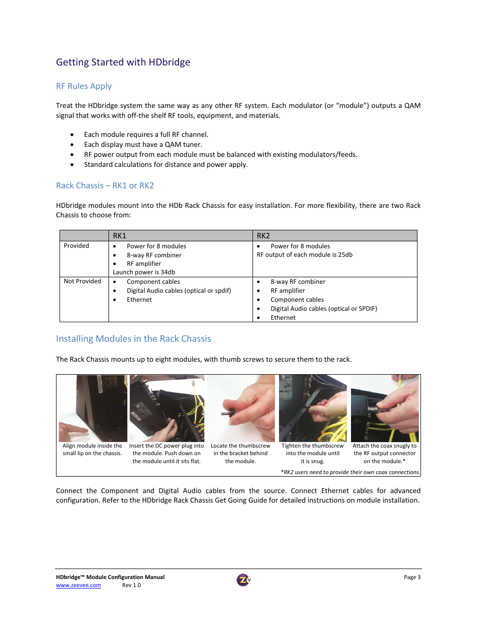 Rf rules apply, Rack chassis – rk1 or rk2, Installing modules in the rack chassis | Basic configuration (front panel), Getting started with hdbridge | ZeeVee HDbridge Advanced User Manual | Page 3 / 15