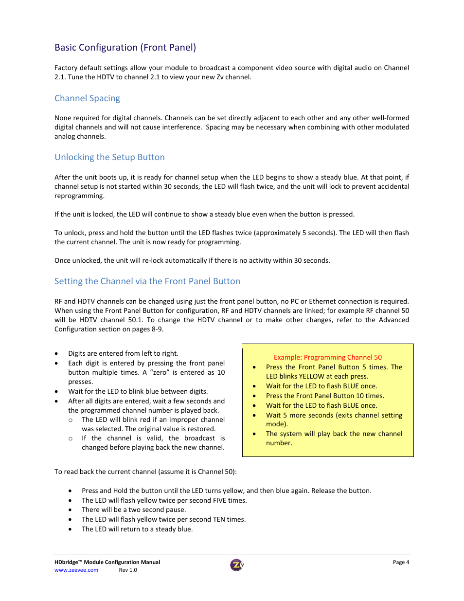 Channel spacing, Unlocking the setup button, Setting the channel via the front panel button | Changing modulation standards, Basic configuration (front panel) | ZeeVee HDbridge Advanced User Manual | Page 4 / 15