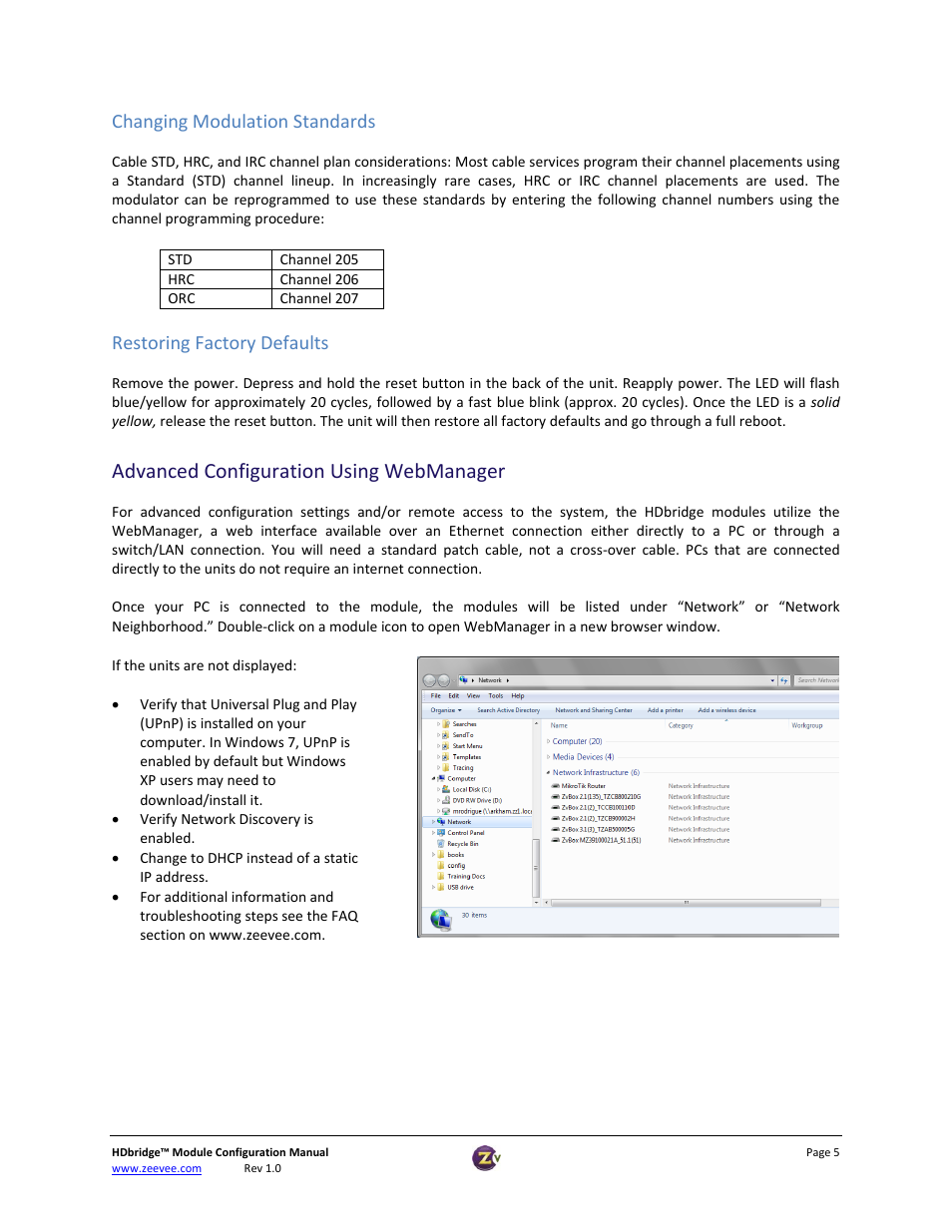 Restoring factory defaults, Advanced configuration using webmanager, Logging in to webmanager | Changing modulation standards | ZeeVee HDbridge Advanced User Manual | Page 5 / 15