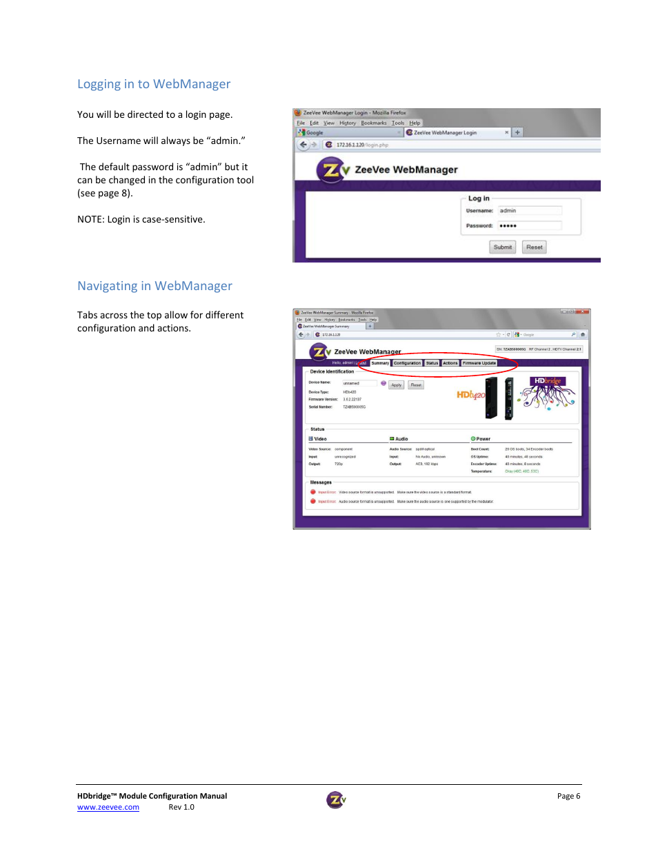 Navigating in webmanager, Summary tab, Logging in to webmanager | ZeeVee HDbridge Advanced User Manual | Page 6 / 15