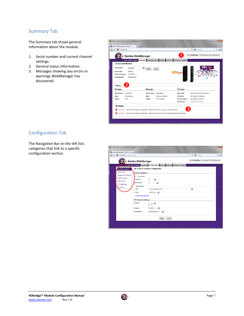 Configuration tab, Summary tab | ZeeVee HDbridge Advanced User Manual | Page 7 / 15