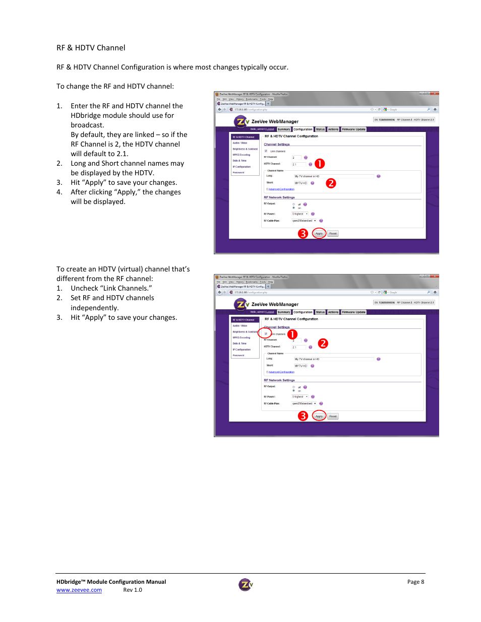 Rf & hdtv channel | ZeeVee HDbridge Advanced User Manual | Page 8 / 15