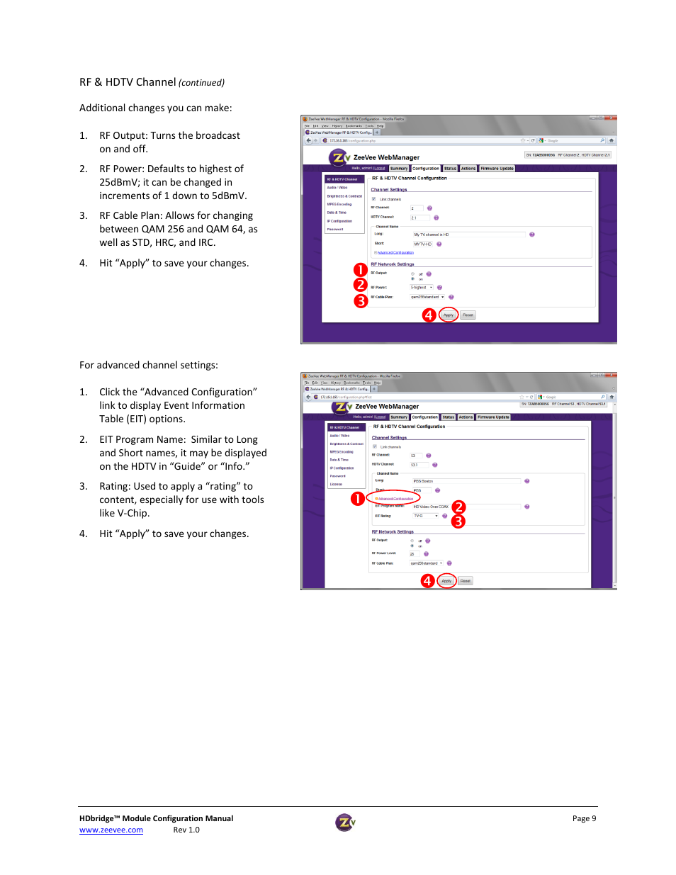 Rf & hdtv channel (continued) | ZeeVee HDbridge Advanced User Manual | Page 9 / 15