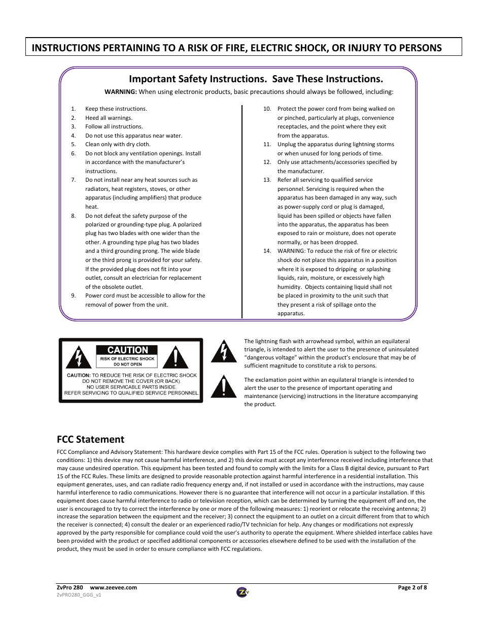 Fcc statement | ZeeVee ZvPro 280 User Manual | Page 2 / 8