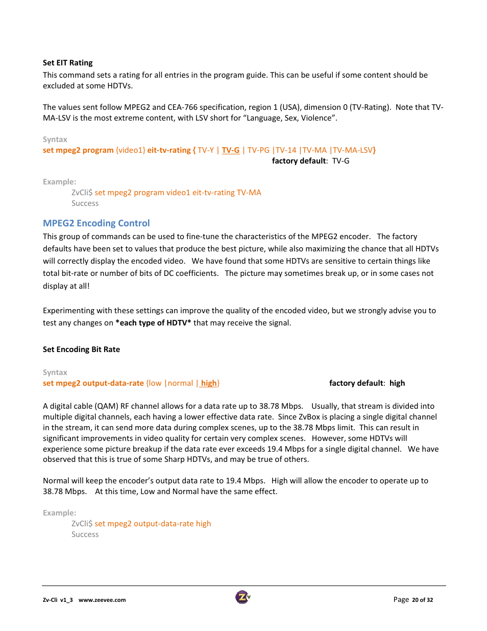 Mpeg2 encoding control | ZeeVee ZvCli User Manual User Manual | Page 20 / 32