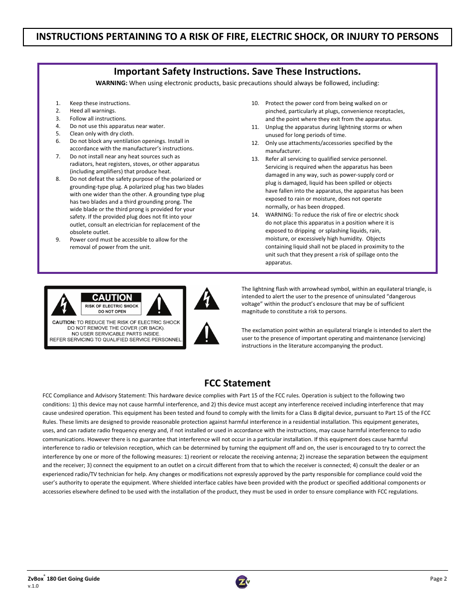 Fcc statement | ZeeVee ZvBox 180 User Manual | Page 2 / 8