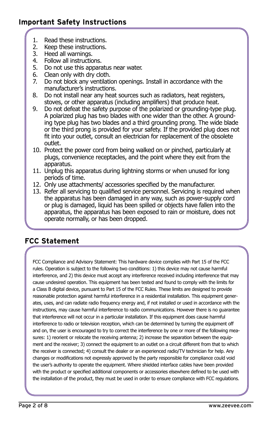 Important safety instructions fcc statement | ZeeVee ZvBox 160 User Manual | Page 2 / 8