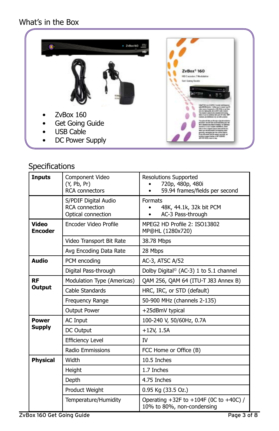 What’s in the box, Tableofcontents, What’sinthebox | What’sinthebox specifications | ZeeVee ZvBox 160 User Manual | Page 3 / 8