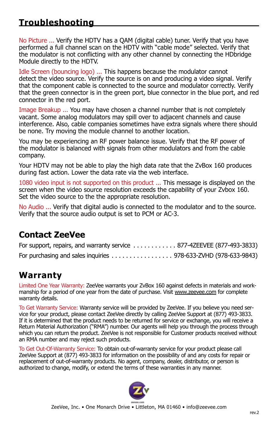 Troubleshooting, Contact zeevee, Warranty | ZeeVee ZvBox 160 User Manual | Page 8 / 8