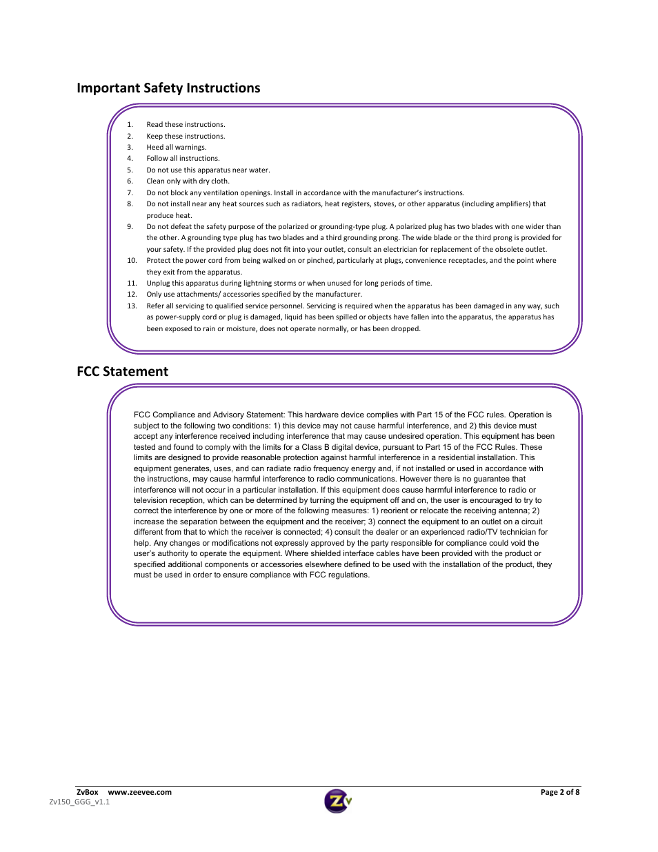 Important safety instructions fcc statement | ZeeVee ZvBox 150 User Manual | Page 2 / 8