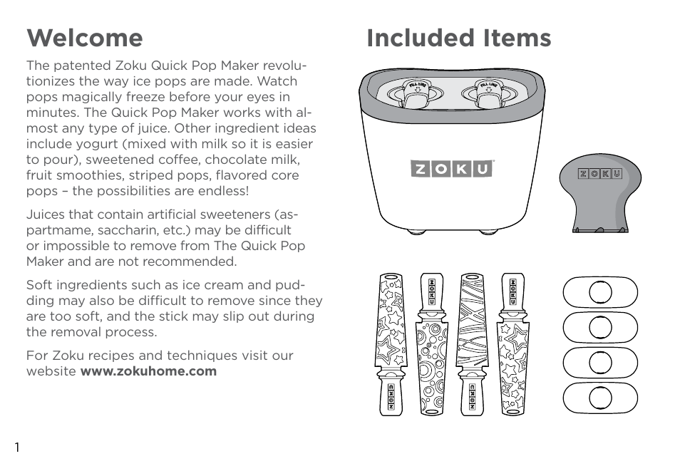 Welcome, Included items | Zoku DUO QUICK POP MAKER User Manual | Page 2 / 12