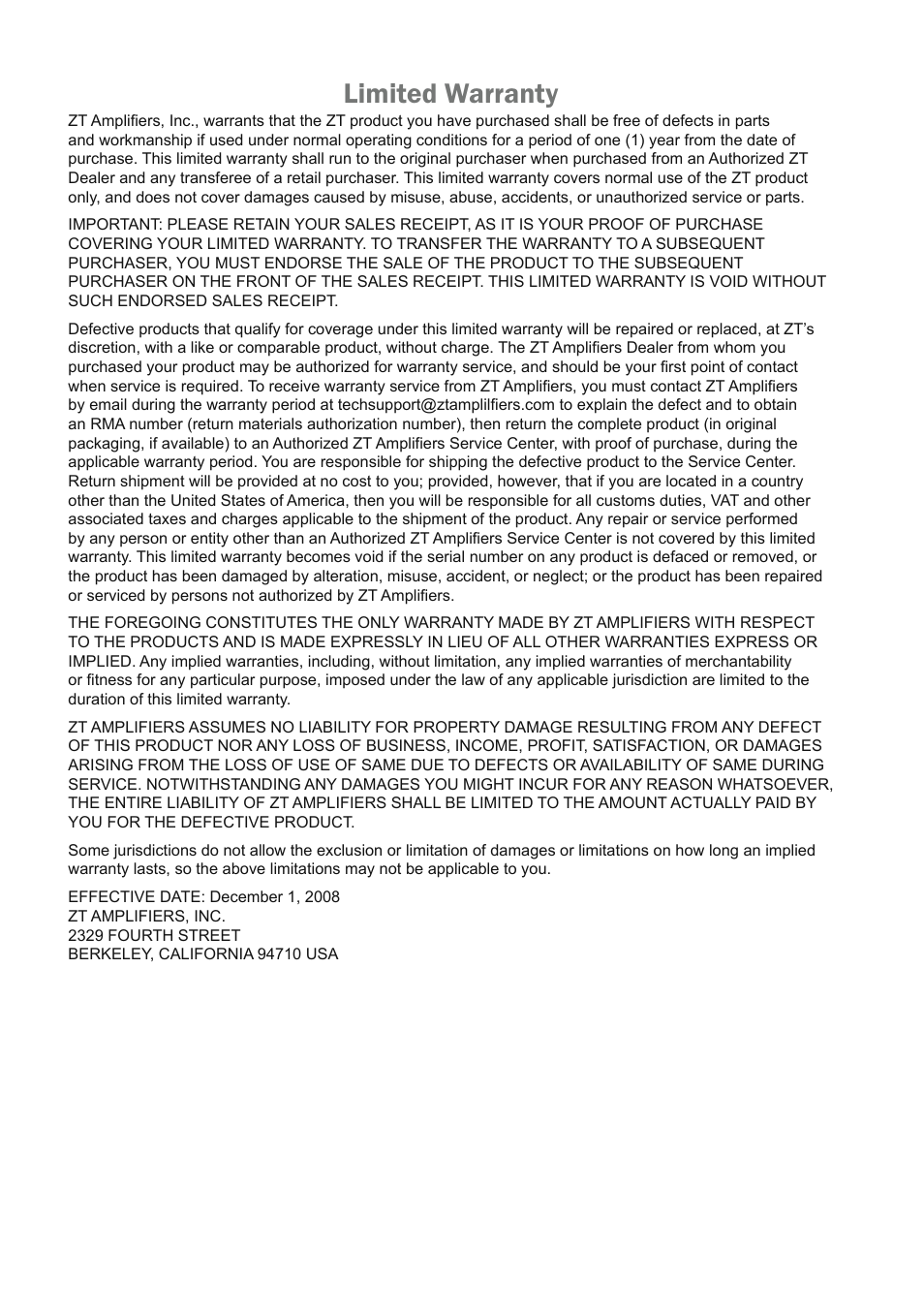 Limited warranty | ZT Amplifiers Lunchbox LBG2 User Manual | Page 7 / 7