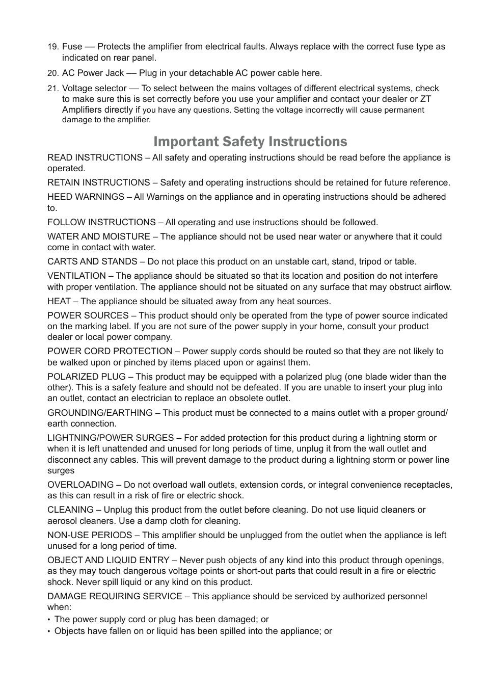 Important safety instructions | ZT Amplifiers Lunchbox Acoustic LBA1 User Manual | Page 4 / 7