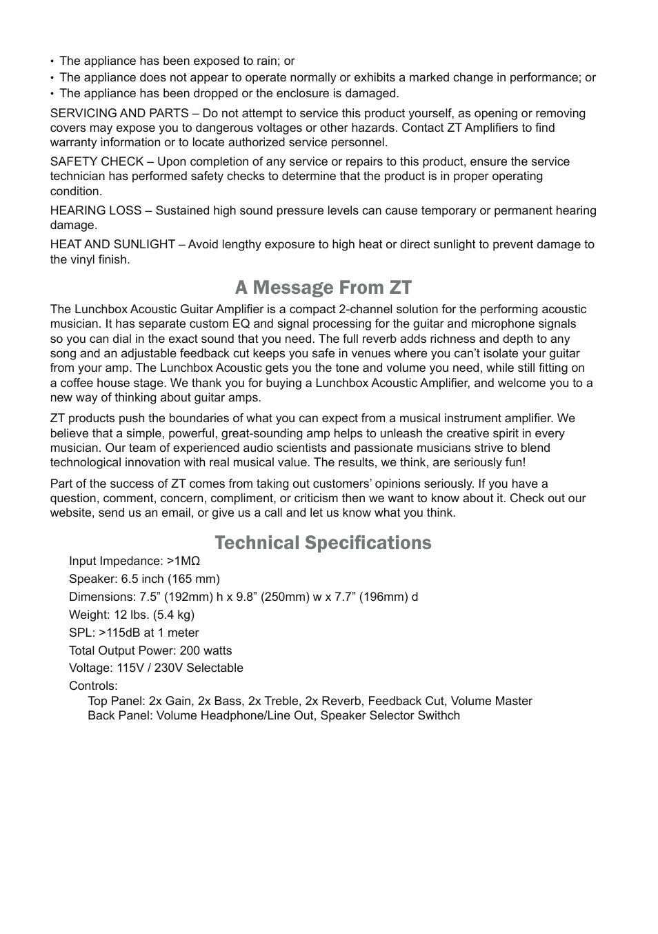A message from zt, Technical specifications | ZT Amplifiers Lunchbox Acoustic LBA1 User Manual | Page 5 / 7