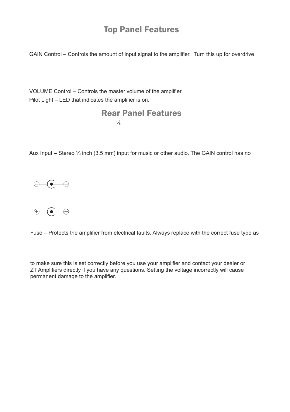 Eng1, Top panel features, Rear panel features | ZT Amplifiers Junior LBJ1 User Manual | Page 3 / 6