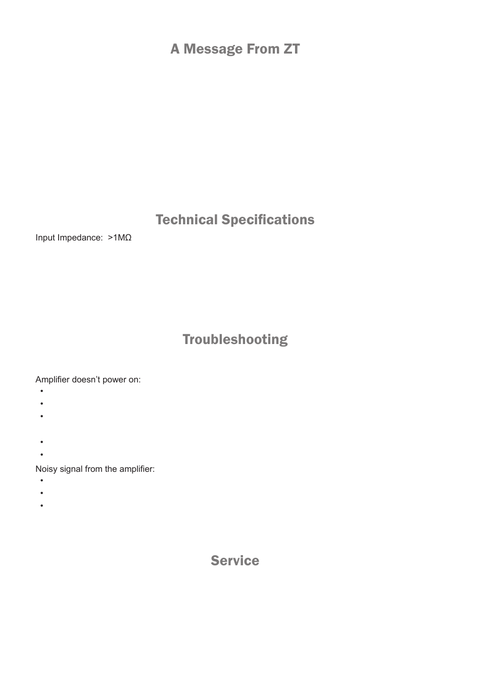 Eng2, A message from zt, Technical specifications | Troubleshooting, Service | ZT Amplifiers Junior LBJ1 User Manual | Page 5 / 6