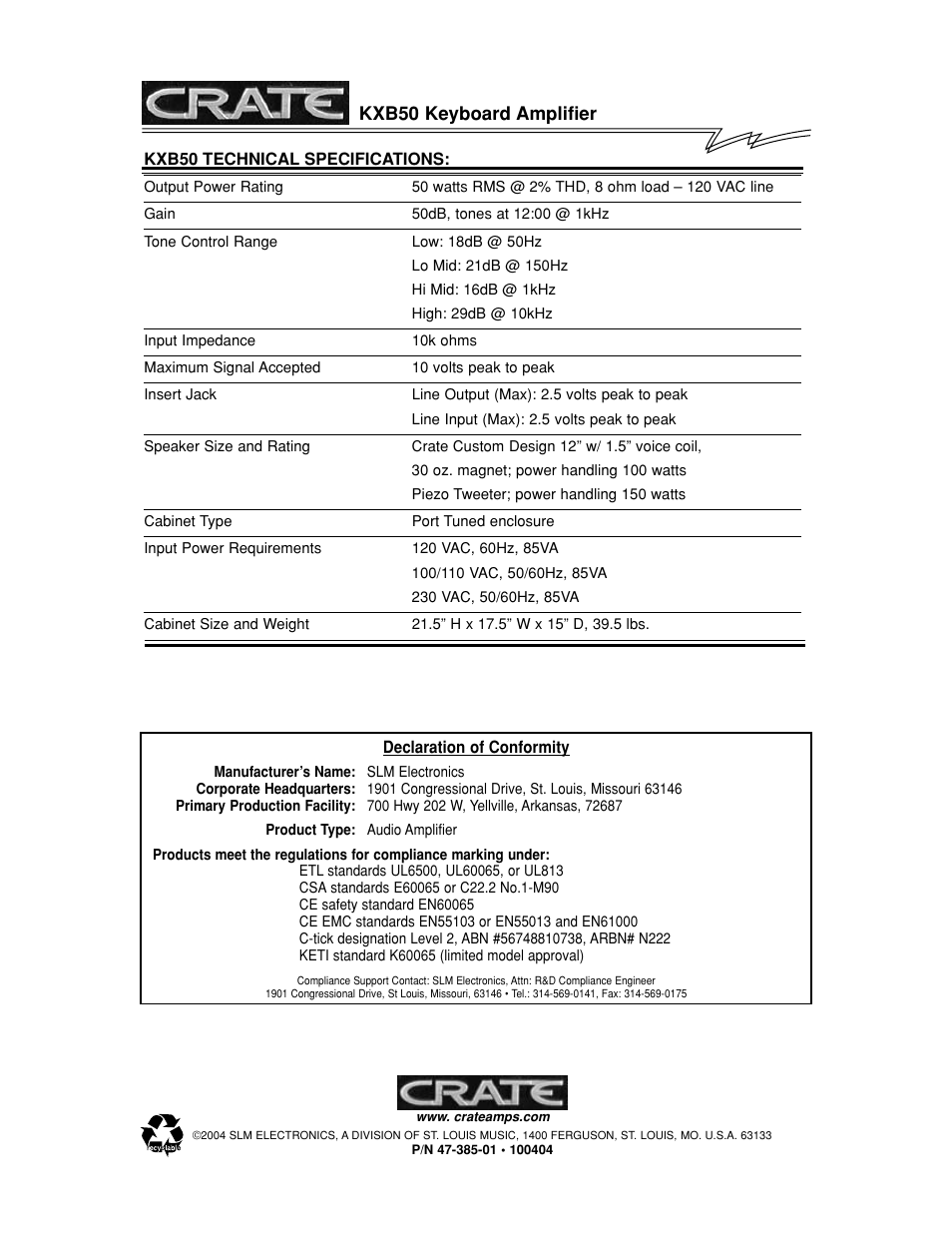 Kxb50 keyboard amplifier | Crate Amplifiers KXB50 User Manual | Page 4 / 4