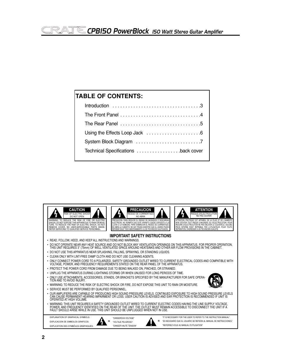 Crate Amplifiers POWER BLOCK CPB150 User Manual | Page 2 / 8