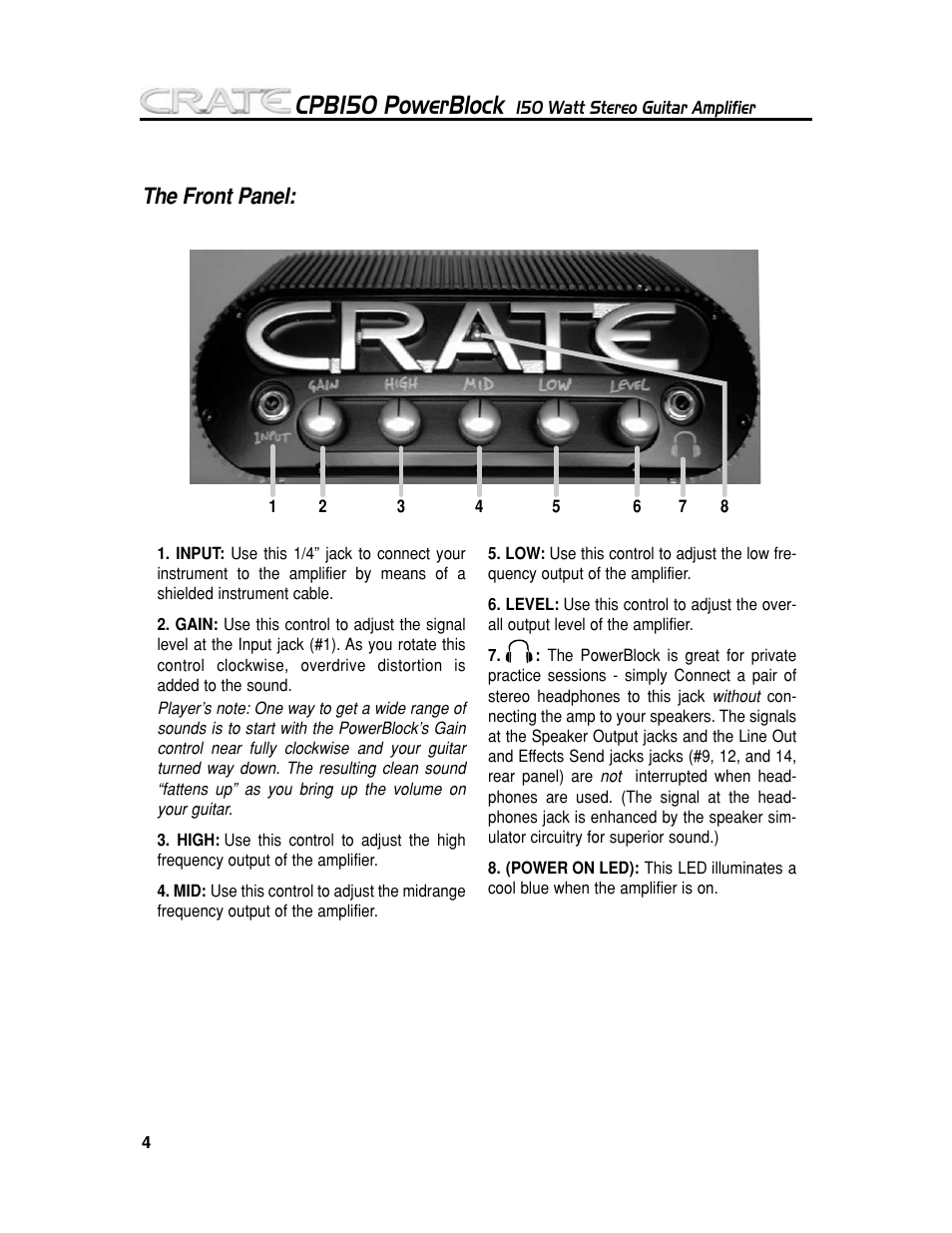 Cpb150 powerblock, The front panel | Crate Amplifiers POWER BLOCK CPB150 User Manual | Page 4 / 8