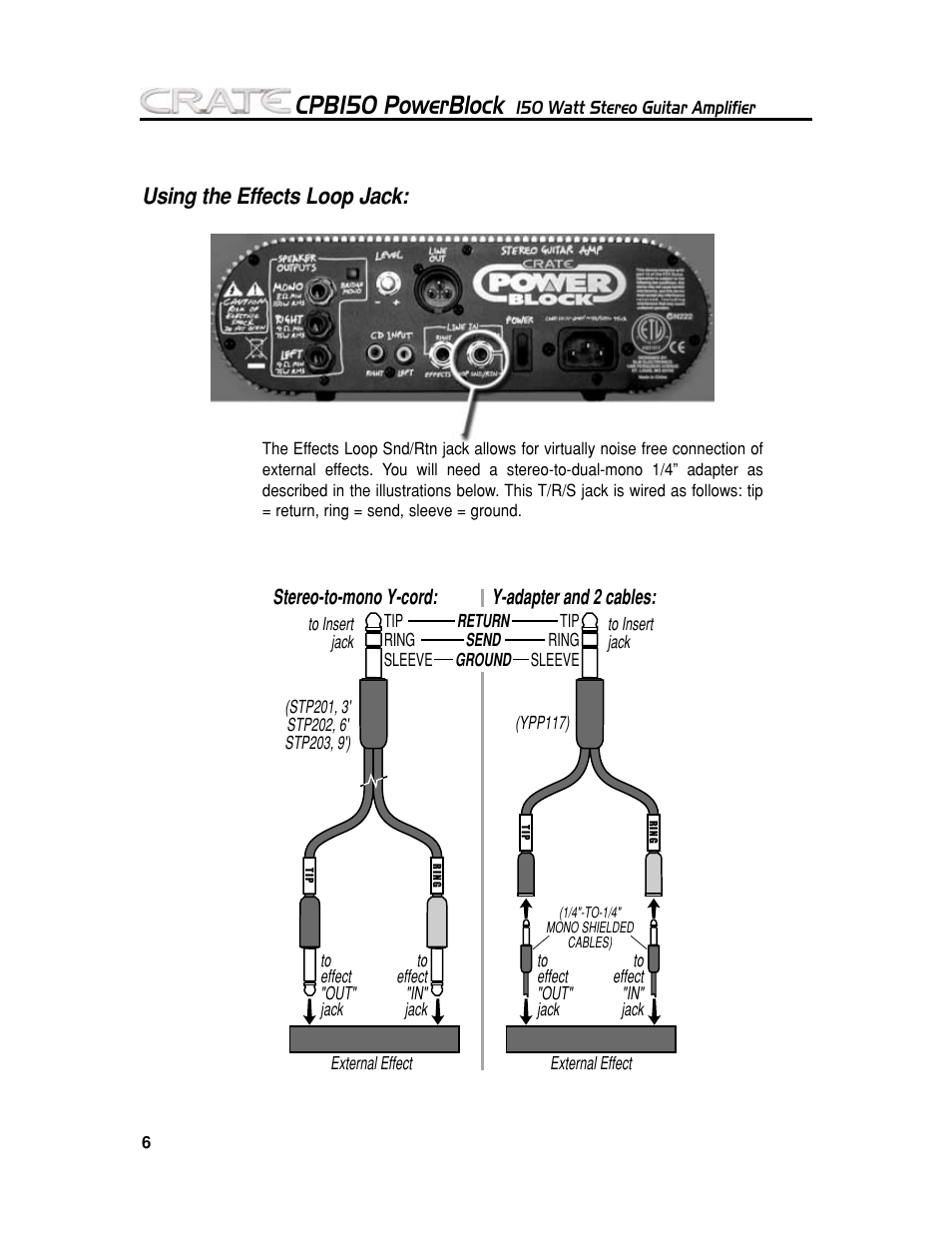 Cpb150 powerblock, Using the effects loop jack | Crate Amplifiers POWER BLOCK CPB150 User Manual | Page 6 / 8
