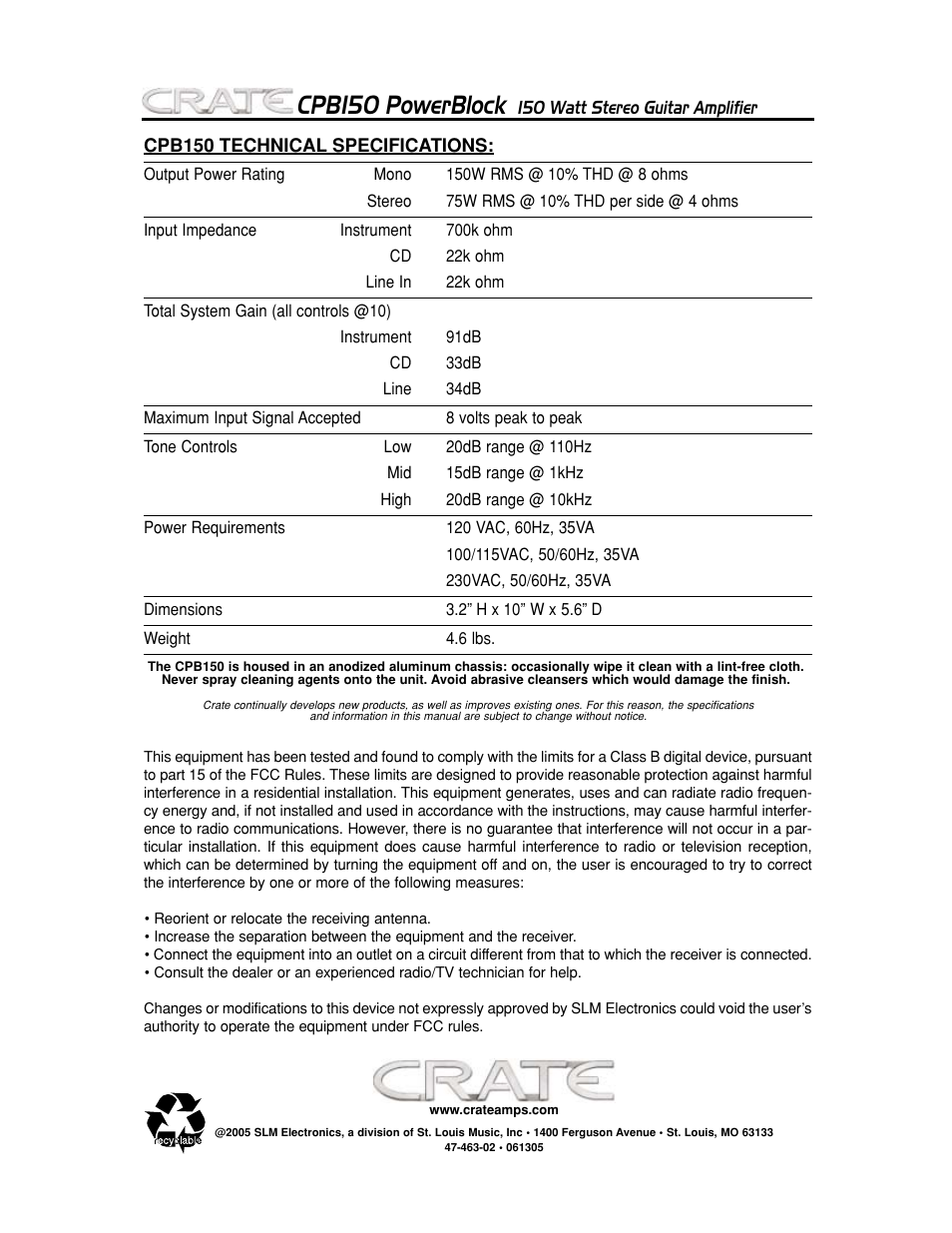 Cpb150 powerblock | Crate Amplifiers POWER BLOCK CPB150 User Manual | Page 8 / 8