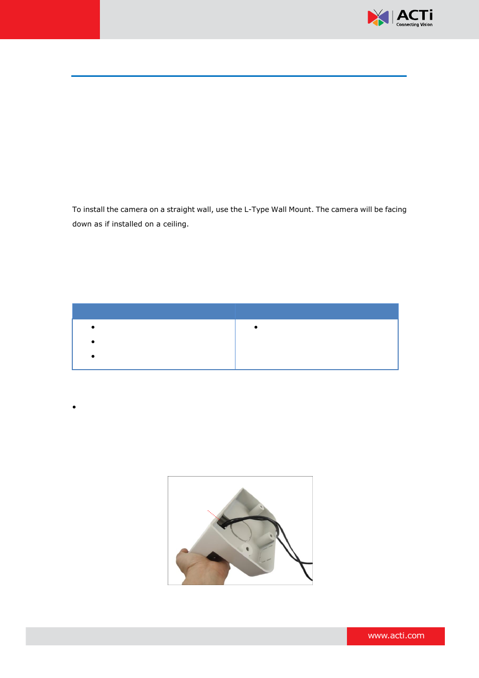 Mounting on straight wall, Using the l-type wall mount | ACTi I91 User Manual | Page 32 / 43
