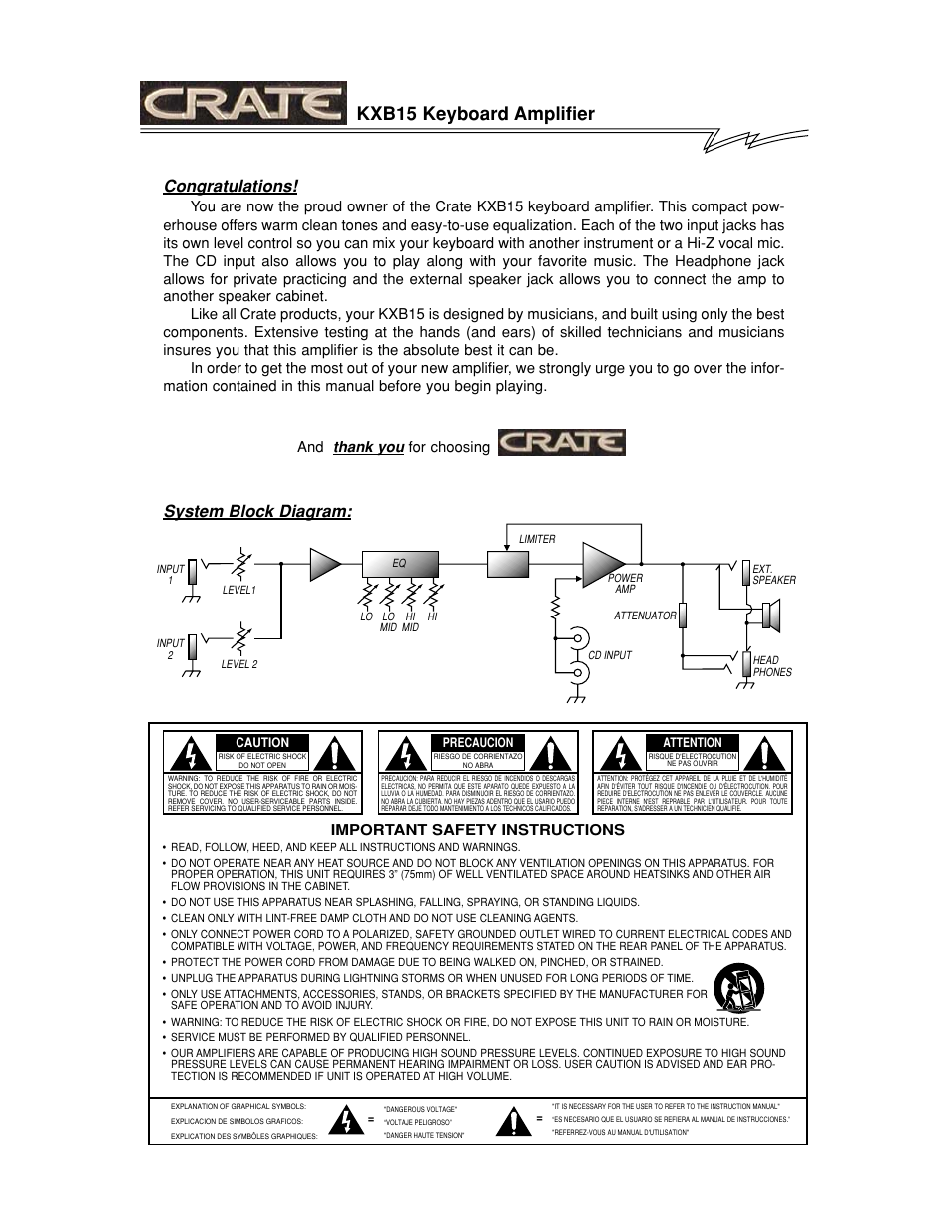 Kxb15 keyboard amplifier, System block diagram | Crate Amplifiers KXB15 User Manual | Page 2 / 4
